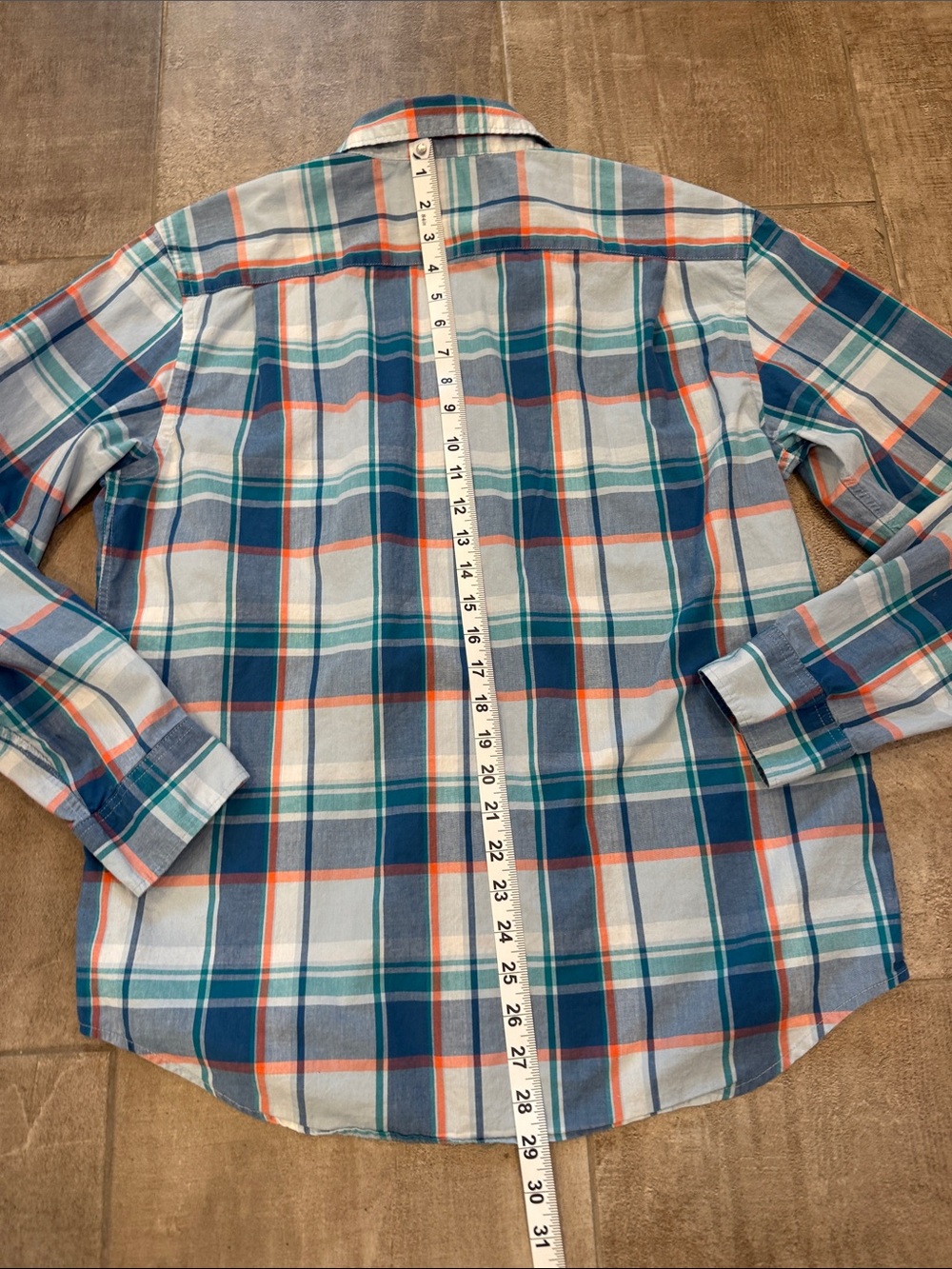 Old Navy Men’s Teal & Blue Plaid Button-Down Shirt with Orange Accents - Picture 5 of 7